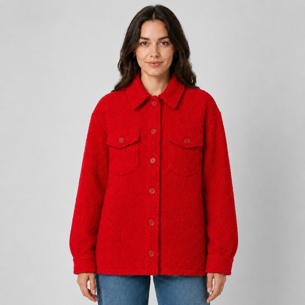 Autres Filles Women's XS Red Boucle Teddy‎ Shacket NWT Button Front